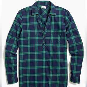JCREW Plaid Flannel Popover Henley Navy Blue Green Long Sleeve Vee Boyfriend Fit